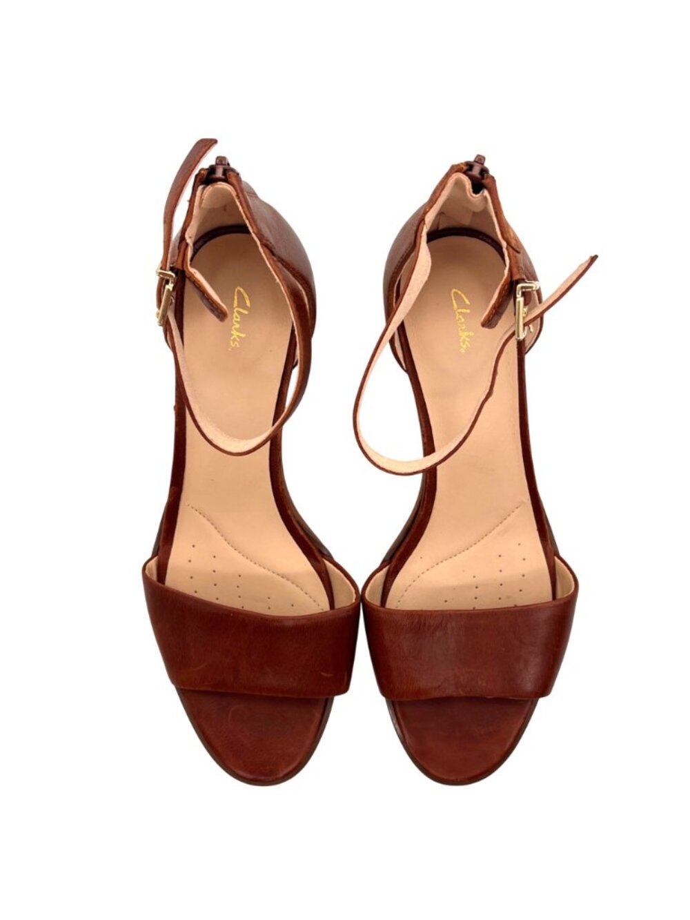Clarks Brown Leather Ankle Strap Sandals Womens Size 9 Block Heel Open Toe Tan - Picture 4 of 13